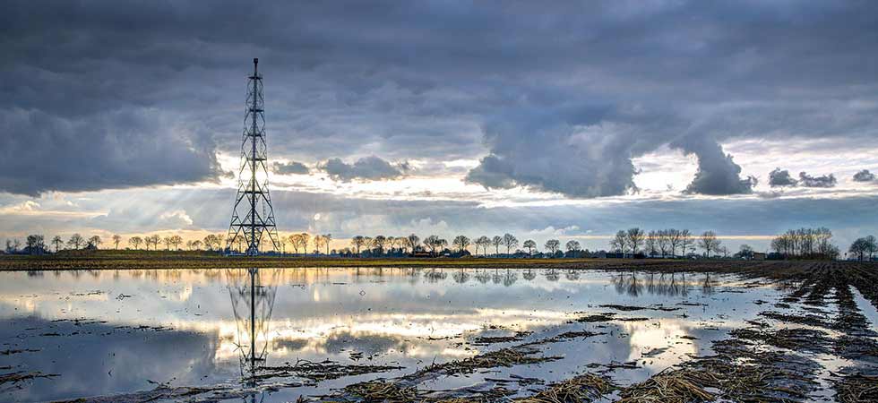 Electricity pylon over a boggy field