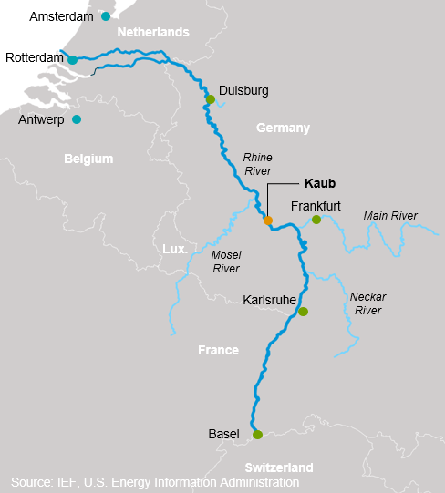Map of the Rhine River from Basel to Rotterdam