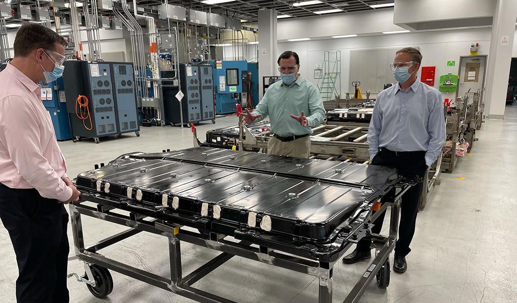 IEF SG Joseph McMonigle inspecting a battery pack at the GM battery plant